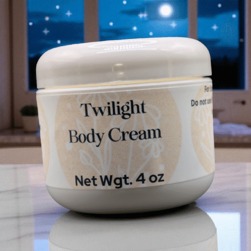 Twilight Body Cream white jar on a white countertop with a moonlit background